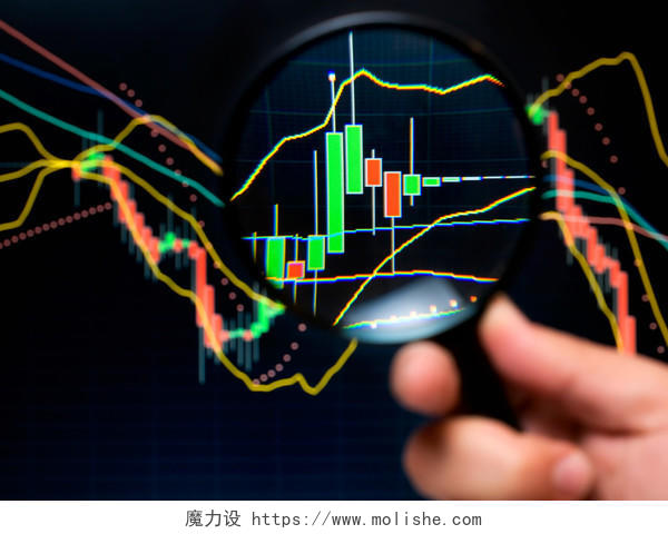 放大镜观察股票走向曲线图折线图分析图股市炒股金融